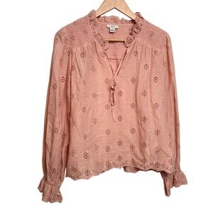 OTHILIA Eyelet Smocked Shirt Ruffle Peasant Blouse S Pink Peach Boho‎ Romantic